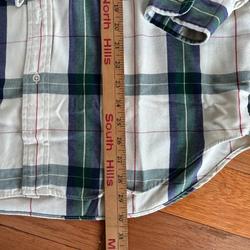 Vintage LL Bean Rangeley Flannel Shirt Men L‎ Cream Blue Green Plaid Pocket USA